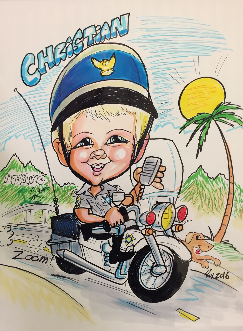 Caricature of child on police motorcycle done by Rex