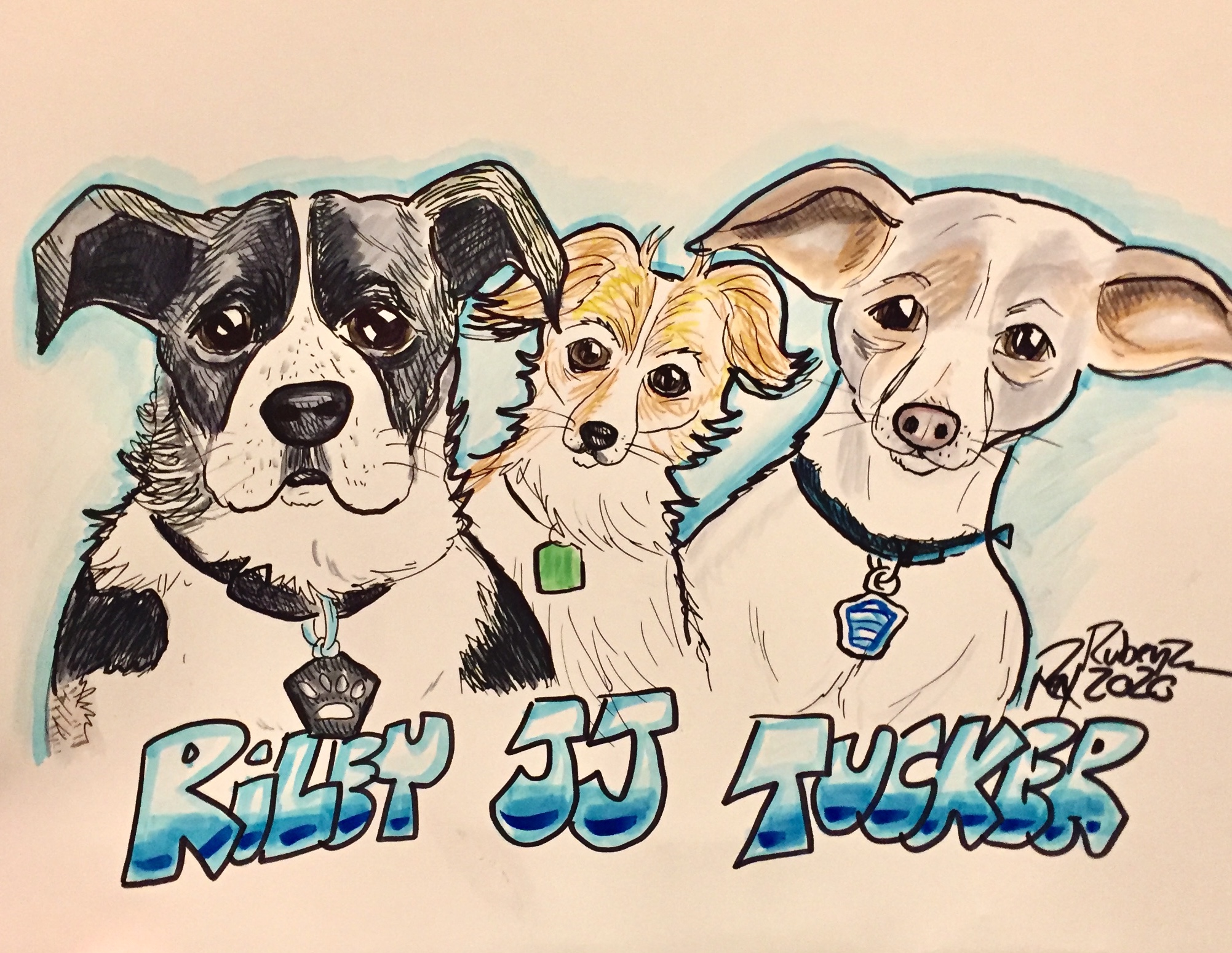 Caricature of three dogs that Rex Drew